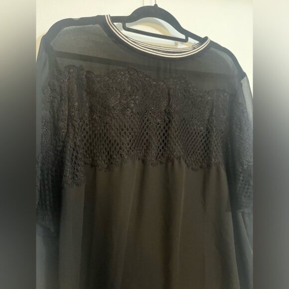 Lane Bryant Black sheer top with black laces roses and athletic striped collar - Picture 5 of 6